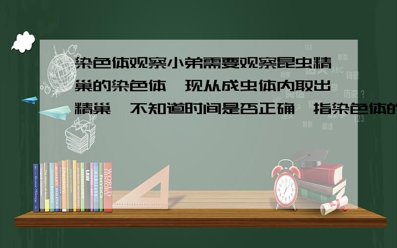 染色体观察小弟需要观察昆虫精巢的染色体,现从成虫体内取出精巢,不知道时间是否正确,指染色体的分裂期.另外是否有做相关方面试验的大侠?请指点下小弟,至今仍未观察到染色体,郁闷.