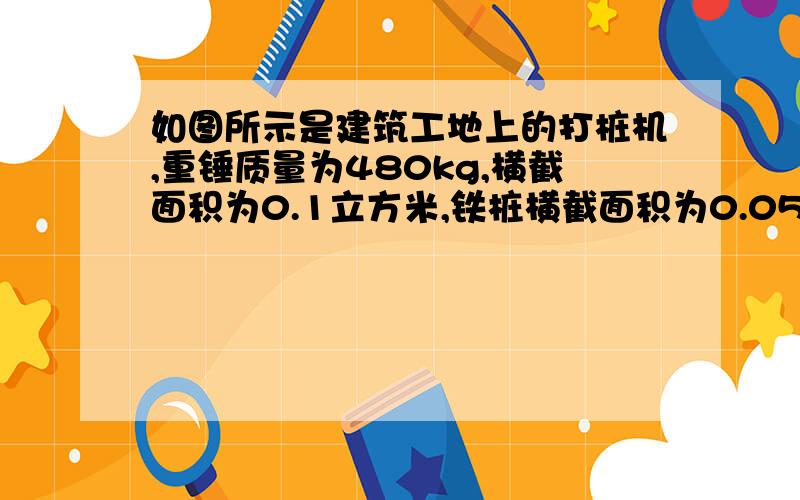 如图所示是建筑工地上的打桩机,重锤质量为480kg,横截面积为0.1立方米,铁桩横截面积为0.05立方米,高度h=3.5m.功率桓定为8kw的绞车以v=0.5m/s的速度在8s内将重锤由桩顶提到最高处,然后由静止释放