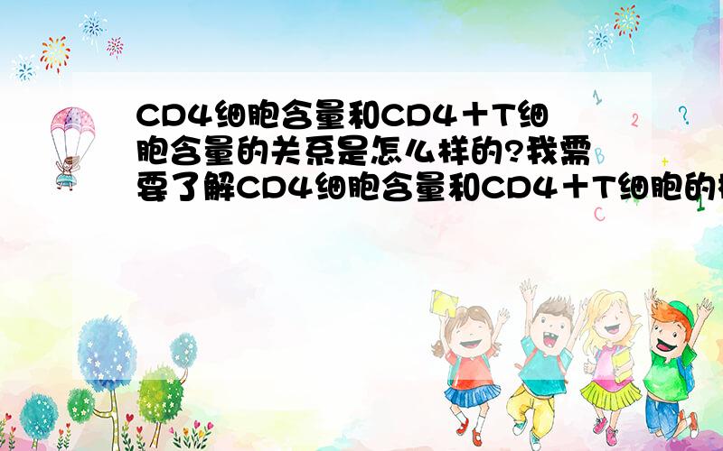 CD4细胞含量和CD4＋T细胞含量的关系是怎么样的?我需要了解CD4细胞含量和CD4＋T细胞的概念.具体的说,我需要知道两种细胞的区别、计量单位和正常值,以及艾滋病患者的两种细胞含量值.另外我