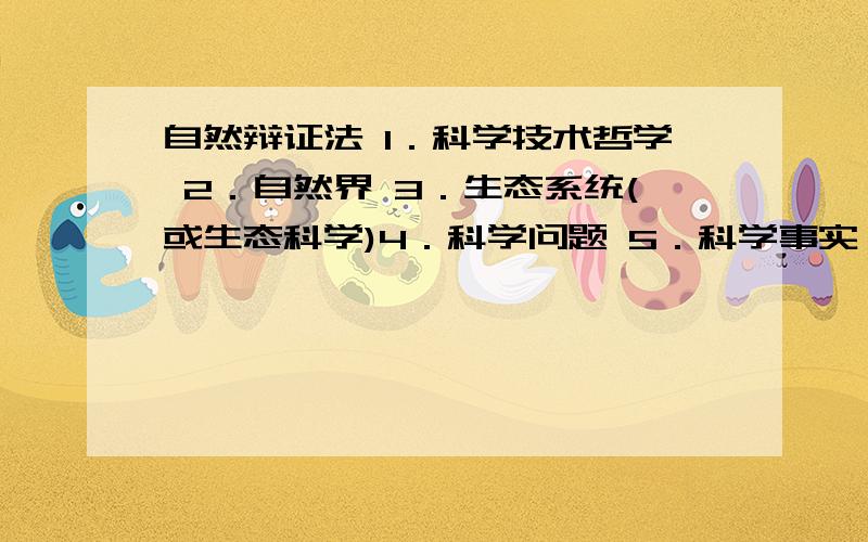 自然辩证法 1．科学技术哲学 2．自然界 3．生态系统(或生态科学)4．科学问题 5．科学事实 6．科学抽象 7．创造性思维 8．科学假说 9．科学理论 10．系统科学方法 11．科学技术 12．科学共同