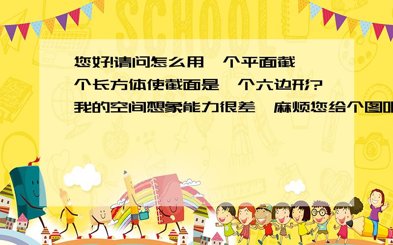 您好!请问怎么用一个平面截一个长方体使截面是一个六边形?我的空间想象能力很差,麻烦您给个图吧.