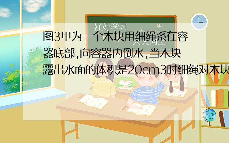 图3甲为一个木块用细绳系在容器底部,向容器内倒水,当木块露出水面的体积是20cm3时细绳对木块的拉力为0.8N,将细绳剪断,木块上浮,静止时有2/5的体积露出水面,如图乙所示,求此时木块受到的