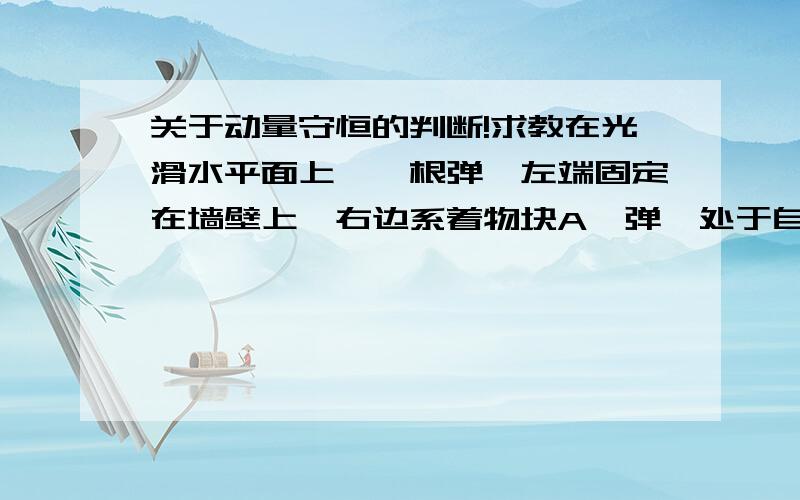 关于动量守恒的判断!求教在光滑水平面上,一根弹簧左端固定在墙壁上,右边系着物块A,弹簧处于自然长度.这时右端有一物块B以速度v撞向A,这时动量守恒不?墙壁不是给了外力么?我就是问这里