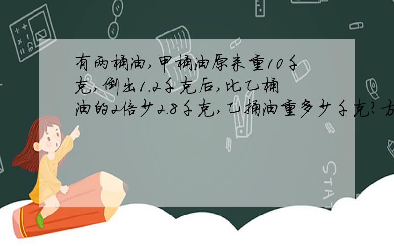 有两桶油,甲桶油原来重10千克,倒出1.2千克后,比乙桶油的2倍少2.8千克,乙捅油重多少千克?方程 写出计有两桶油,甲桶油原来重10千克,倒出1.2千克后,比乙桶油的2倍少2.8千克,乙捅油重多少千克?