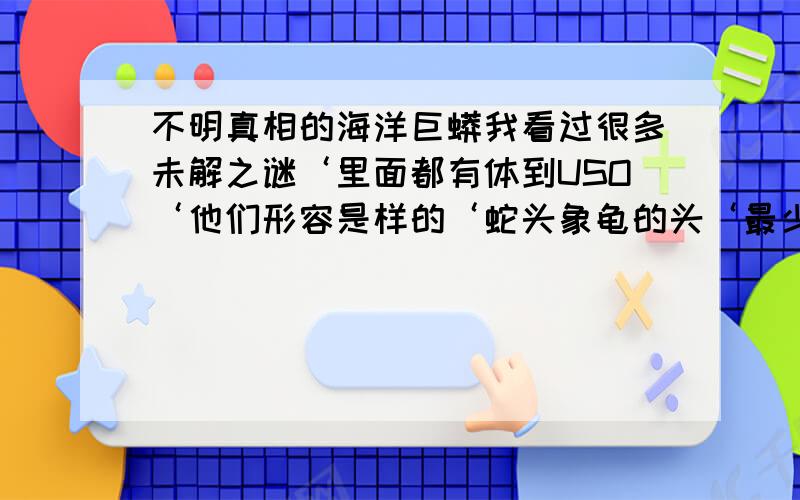 不明真相的海洋巨蟒我看过很多未解之谜‘里面都有体到USO‘他们形容是样的‘蛇头象龟的头‘最少有15-35米‘有啤酒桶那样粗‘游起来象蛇那样的‘到底是什么呢?都是在类似大西洋的海洋