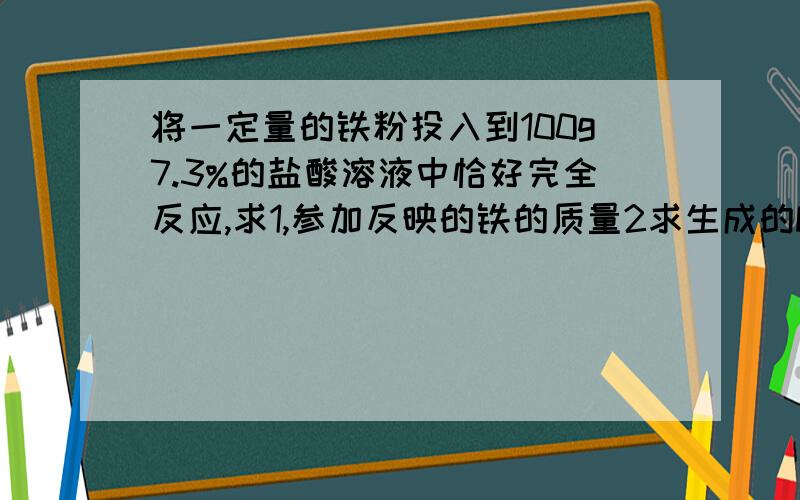 将一定量的铁粉投入到100g7.3%的盐酸溶液中恰好完全反应,求1,参加反映的铁的质量2求生成的Fe3O4的质量,3求H2的质量4求反应后所得溶液中溶质的质量分数?