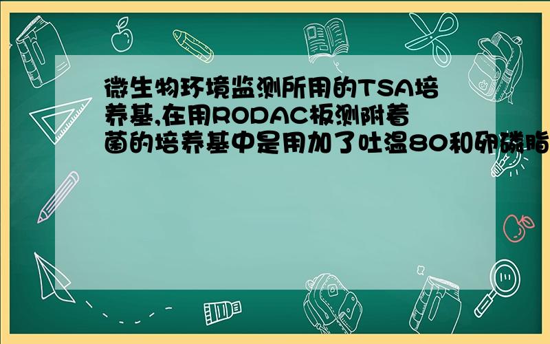 微生物环境监测所用的TSA培养基,在用RODAC板测附着菌的培养基中是用加了吐温80和卵磷脂的TSA培养基.要是测环境中的,不需要中和消毒剂的时候,是不是也可以用加了吐温80和卵磷脂的TSA,