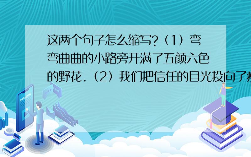 这两个句子怎么缩写?（1）弯弯曲曲的小路旁开满了五颜六色的野花.（2）我们把信任的目光投向了瘦小的小柱子.