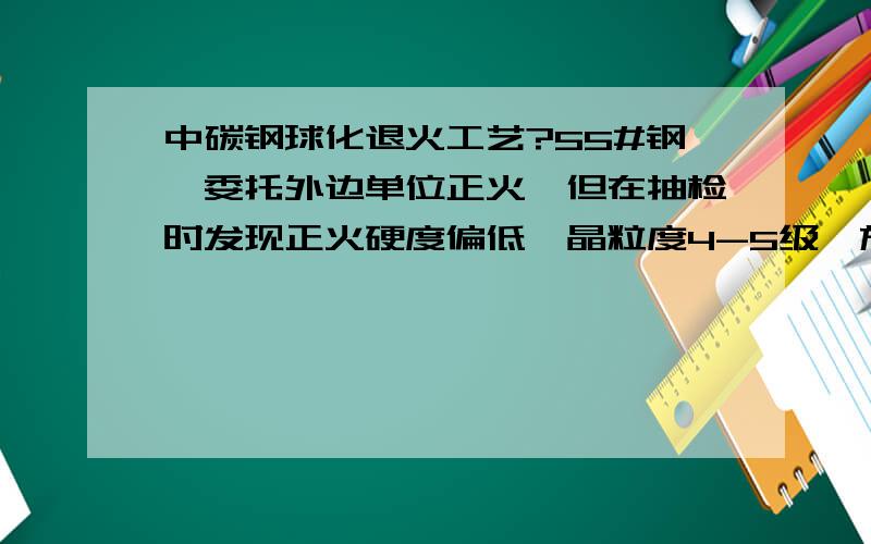 中碳钢球化退火工艺?55#钢,委托外边单位正火,但在抽检时发现正火硬度偏低,晶粒度4-5级,放大500倍观察,组织为网状铁素体+片状珠光体+球化珠光体（球化珠光体比例比较大）请各位高工分析