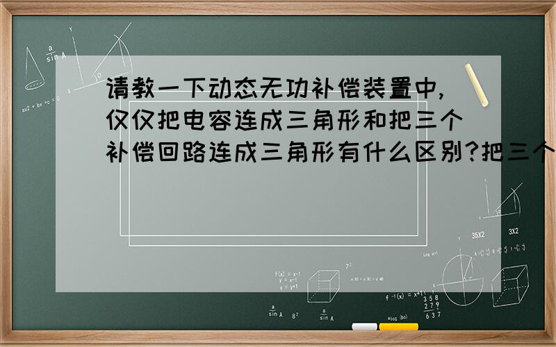 请教一下动态无功补偿装置中,仅仅把电容连成三角形和把三个补偿回路连成三角形有什么区别?把三个补偿回路连成三角形的意思就是晶闸管、熔丝以及电抗器,电容器都在三角形的边上.