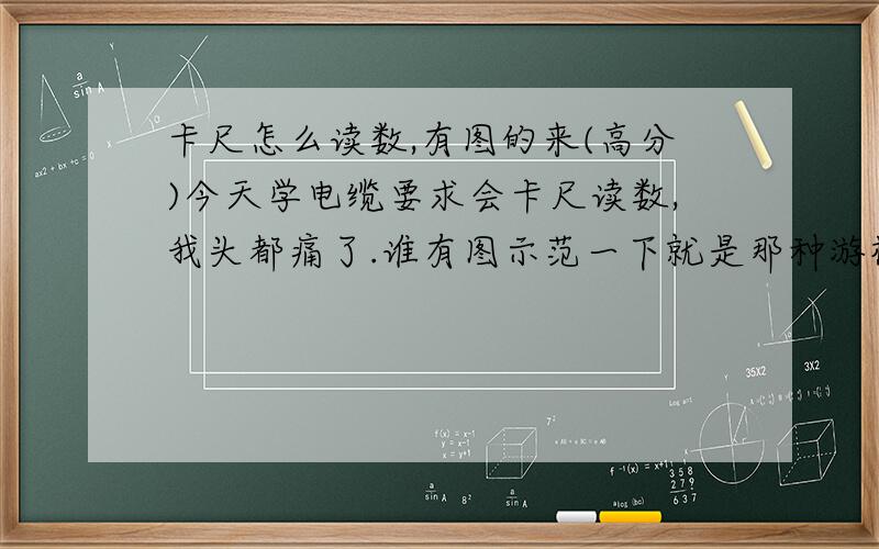 卡尺怎么读数,有图的来(高分)今天学电缆要求会卡尺读数,我头都痛了.谁有图示范一下就是那种游标尺啊,0.02那种.我就是不会读.原理我知道啊,谁有图示范的,弄几张来看看啊