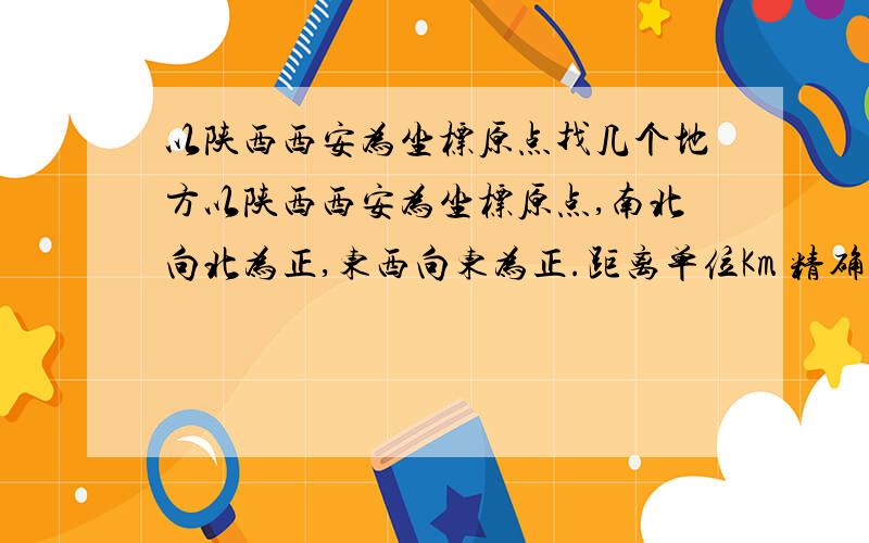 以陕西西安为坐标原点找几个地方以陕西西安为坐标原点,南北向北为正,东西向东为正.距离单位Km 精确度正负1Km 请帮忙找下面几个点的具体位置,列出省市区：南北距离 东西距离 a 517.437 1182.