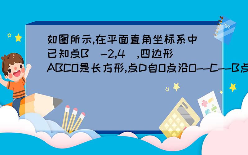 如图所示,在平面直角坐标系中已知点B（-2,4）,四边形ABCO是长方形,点D自O点沿O--C--B点以1个单位/秒的运动到B点后停止运动,点D运动的时间为t秒（1）当点D在CB上运动时,当△ABD的面积是长方形AB