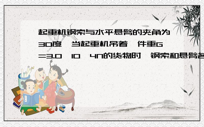 起重机钢索与水平悬臂的夹角为30度,当起重机吊着一件重G=3.0*10^4N的货物时,钢索和悬臂各受多大的力?