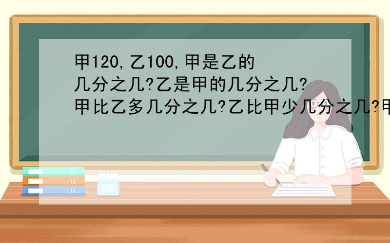 甲120,乙100,甲是乙的几分之几?乙是甲的几分之几?甲比乙多几分之几?乙比甲少几分之几?甲是120,乙是100① 甲是乙的几分之几?②乙是甲的几分之几?③甲比乙多几分之几?④乙比甲少几分之几?不