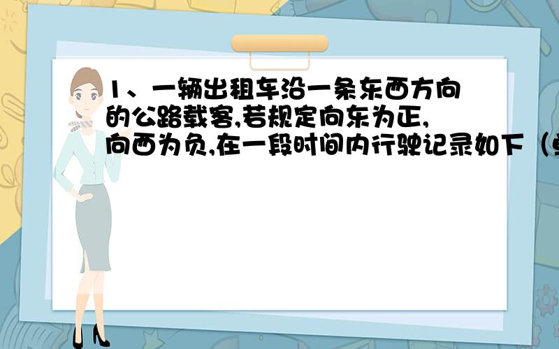 1、一辆出租车沿一条东西方向的公路载客,若规定向东为正,向西为负,在一段时间内行驶记录如下（单位：千米）+5,-6,+4,+2,-3,+1.5,+3,-3.5,+4,-1,+2,若该车每100千米的耗油量为8升,求这辆出租车在这