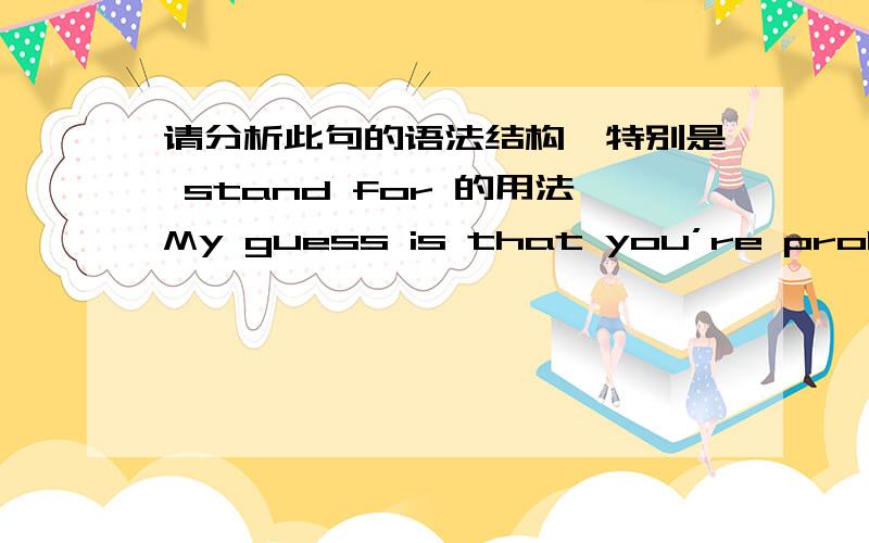 请分析此句的语法结构,特别是 stand for 的用法My guess is that you’re probably standing in a bookstore or in the airport,checking out a magazine stand for something that might excite.