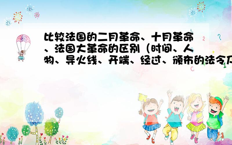 比较法国的二月革命、十月革命、法国大革命的区别（时间、人物、导火线、开端、经过、颁布的法令及内容和颁布法令的意义或这一事件的意义 请列表分析（初三历史）*（亲,先谢过了,我