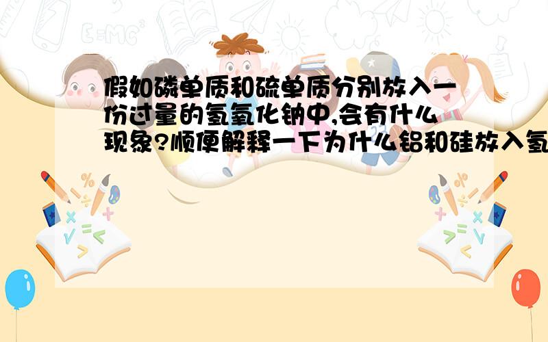 假如磷单质和硫单质分别放入一份过量的氢氧化钠中,会有什么现象?顺便解释一下为什么铝和硅放入氢氧化钠中会放出氢气?