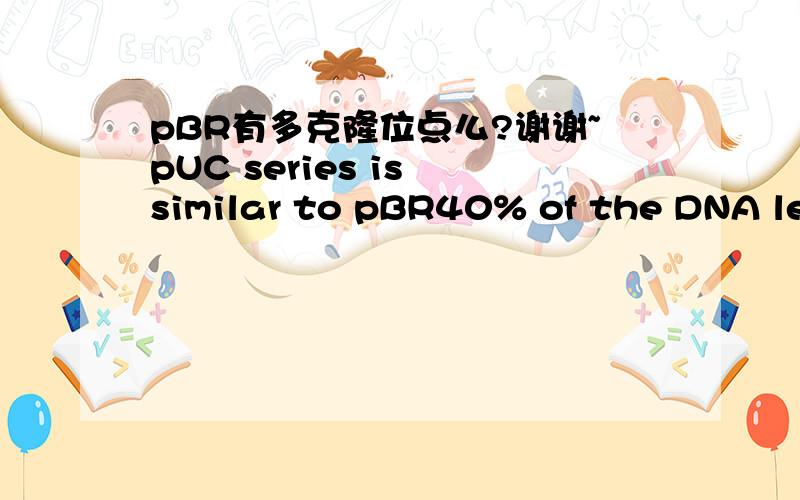 pBR有多克隆位点么?谢谢~pUC series is similar to pBR40% of the DNA left, including tetracycline resistance has been deletedCloning sites are clustered together into one area called the multiple cloning site (MCS)这个讲的蛮不清楚的.