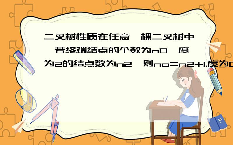 二叉树性质在任意一棵二叉树中,若终端结点的个数为n0,度为2的结点数为n2,则no=n2+1.度为0跟度为2是怎么回事,怎么画图