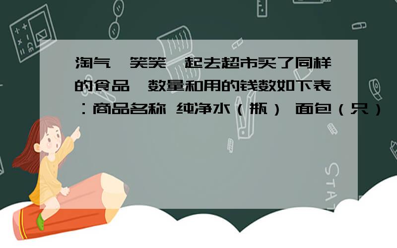 淘气、笑笑一起去超市买了同样的食品,数量和用的钱数如下表：商品名称 纯净水（瓶） 面包（只） 火腿肠（商品名称 \x05纯净水（瓶） \x05面包（只） \x05火腿肠（根） \x05用的钱数（元）