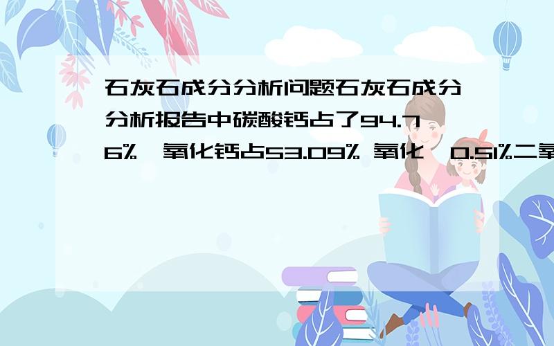 石灰石成分分析问题石灰石成分分析报告中碳酸钙占了94.76%,氧化钙占53.09% 氧化镁0.51%二氧化硅1.82%,我觉得这些成分之和加起来应该等于100%,