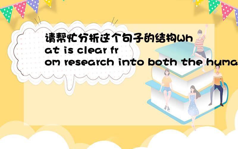 请帮忙分析这个句子的结构What is clear from research into both the human brain and the bicycle is that despite the bicycle's simplicity we have yet to fully understand how it is that we manage to control it,and what is happening in the bra