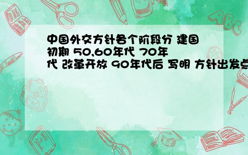 中国外交方针各个阶段分 建国初期 50,60年代 70年代 改革开放 90年代后 写明 方针出发点 作用 成就