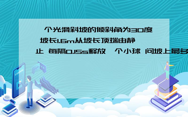 一个光滑斜坡的倾斜角为30度 坡长1.6m从坡长顶端由静止 每隔0.15s释放一个小球 问坡上最多有多少个小球一个光滑斜坡的倾斜角为30坡长1.6m从坡长顶端由静止每隔0.15s释放一个小球问坡上最多