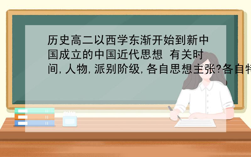 历史高二以西学东渐开始到新中国成立的中国近代思想 有关时间,人物,派别阶级,各自思想主张?各自特点?表格 形式 今星期要考试呢!急用!