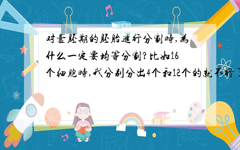 对囊胚期的胚胎进行分割时,为什么一定要均等分割?比如16个细胞时,我分别分出4个和12个的就不行了?