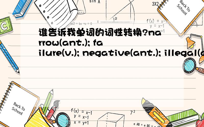 谁告诉我单词的词性转换?narrow(ant.); failure(v.); negative(ant.); illegal(ant.);valuable(n.);length(adj.);unacceptable(ant.);hostess(ant.);decline(syn.); traditional(n.);protection(v.);decision(v.);anger(adj.);succeed(n.);beauty(adj.);anci