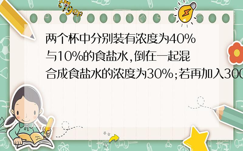 两个杯中分别装有浓度为40%与10%的食盐水,倒在一起混合成食盐水的浓度为30%;若再加入300克20%的食盐水,则浓度变成25%,那么原有40%的食盐水多少克?（算术法解）