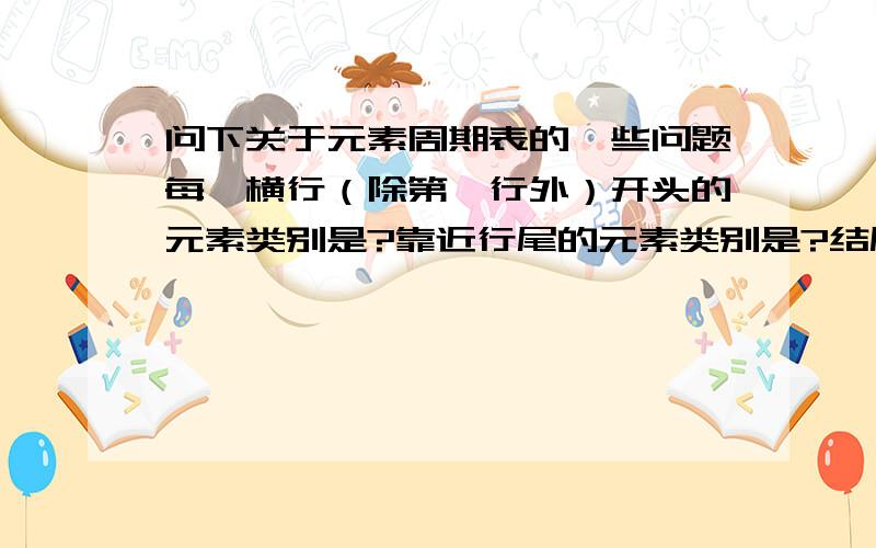 问下关于元素周期表的一些问题每一横行（除第一行外）开头的元素类别是?靠近行尾的元素类别是?结尾的元素类别是?