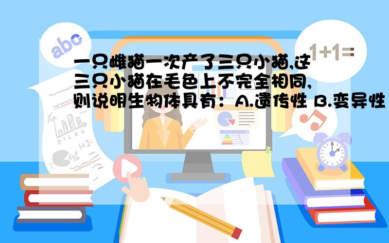 一只雌猫一次产了三只小猫,这三只小猫在毛色上不完全相同,则说明生物体具有：A.遗传性 B.变异性 C.进化性 D.适应性