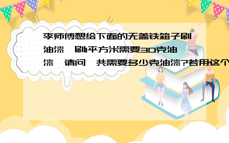 李师傅想给下面的无盖铁箱子刷油漆,刷1平方米需要30克油漆,请问一共需要多少克油漆?若用这个箱子装水长4/5m,宽2/5m,李师傅想给下面的无盖铁箱子刷油漆，刷1平方米需要30克油漆，请问一共