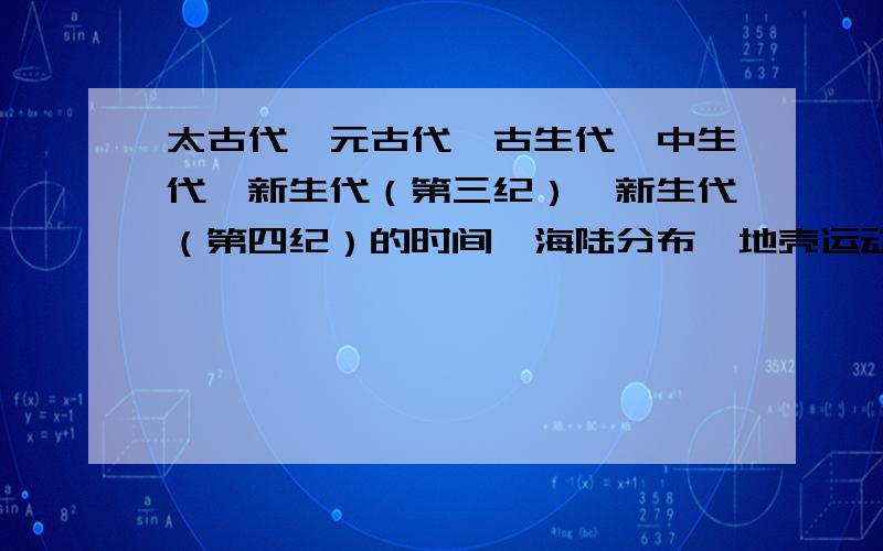 太古代、元古代、古生代、中生代、新生代（第三纪）、新生代（第四纪）的时间、海陆分布、地壳运动、动物进化、植物进化、矿产分别是什么?