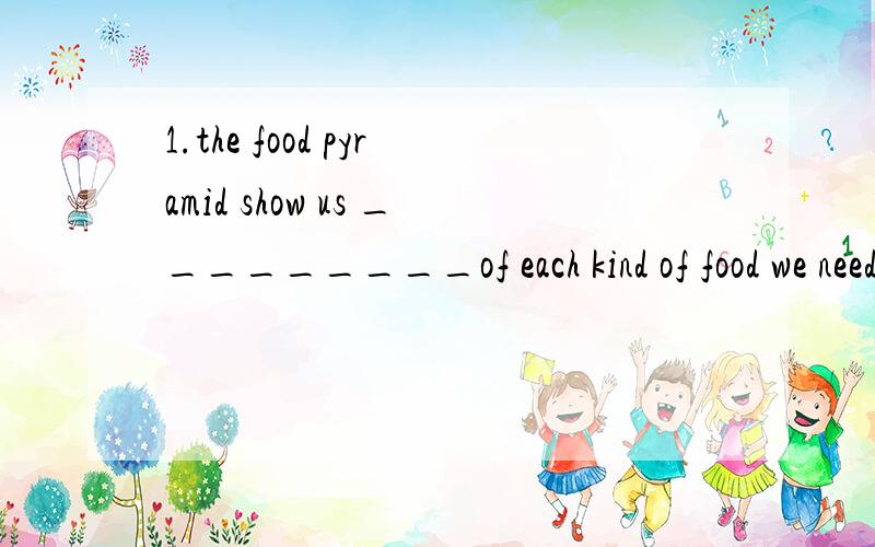 1.the food pyramid show us _________of each kind of food we need every day a.how much b.how manyc.how d.what 2.too much cola is _________unhealthy diet a.an b.a c.some d./3.you mother walks as ________as hersa.slow b.slower c.slowly d.slowier4.bake t