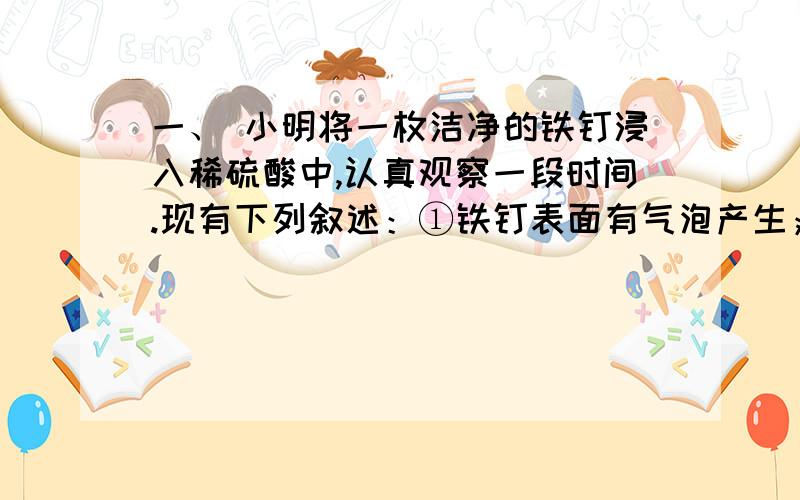 一、 小明将一枚洁净的铁钉浸入稀硫酸中,认真观察一段时间.现有下列叙述：①铁钉表面有气泡产生；②液体由无色逐渐变为浅绿色；③氢气火焰为淡蓝色；④铁钉表面出现铁锈.其中数直接