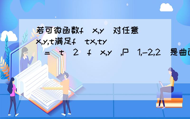 若可微函数f(x,y)对任意x,y,t满足f(tx,ty)=(t^2)f(x,y),P(1,-2,2)是曲面z=f(x,y)上的一点,且fx(1,-2)=4,求曲面在P处的切平面方程.（求详解）