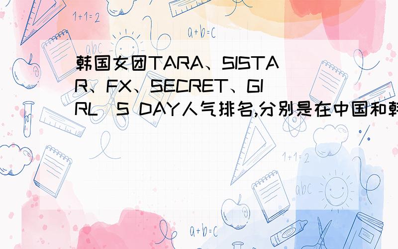 韩国女团TARA、SISTAR、FX、SECRET、GIRL`S DAY人气排名,分别是在中国和韩国的说