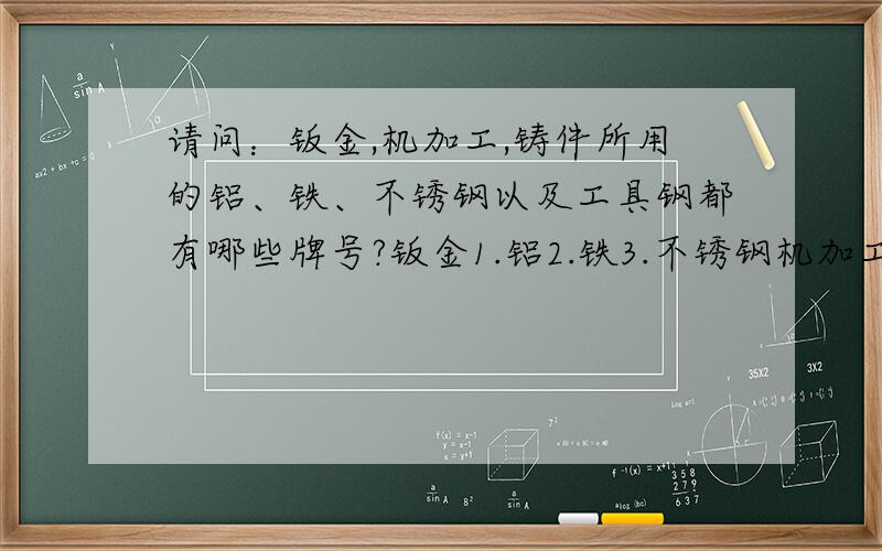 请问：钣金,机加工,铸件所用的铝、铁、不锈钢以及工具钢都有哪些牌号?钣金1.铝2.铁3.不锈钢机加工：1.铝2.铁3.不锈钢4.工具钢铸造：1.铝2.铁3.不锈钢4.工具钢