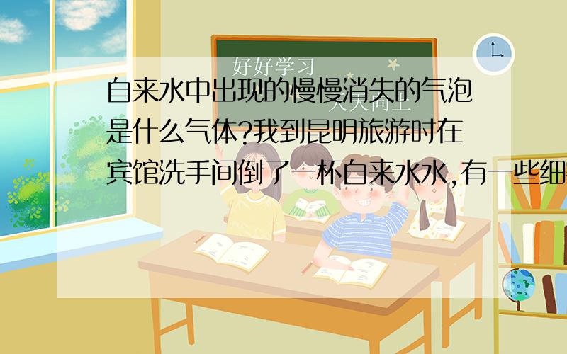 自来水中出现的慢慢消失的气泡是什么气体?我到昆明旅游时在宾馆洗手间倒了一杯自来水水,有一些细密的气泡产生,不需摇晃从下向上慢慢消失,我多试了几次,大约100ml的水中的气泡经过10-12