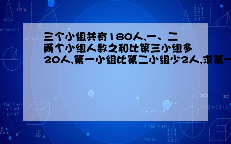 三个小组共有180人,一、二两个小组人数之和比第三小组多20人,第一小组比第二小组少2人,求第一小组的人数.请附思路导航便于给孩子讲请各位大侠给一个三年级孩子能懂的方法