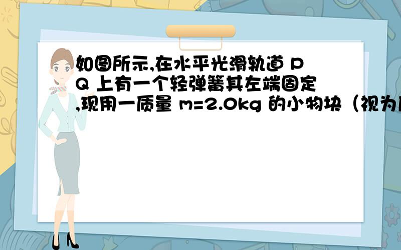 如图所示,在水平光滑轨道 PQ 上有一个轻弹簧其左端固定,现用一质量 m=2.0kg 的小物块（视为质点）...如图所示,在水平光滑轨道 PQ 上有一个轻弹簧其左端固定,现用一质量 m=2.0kg 的小物块（视