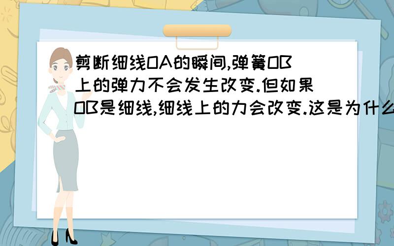 剪断细线OA的瞬间,弹簧OB上的弹力不会发生改变.但如果OB是细线,细线上的力会改变.这是为什么