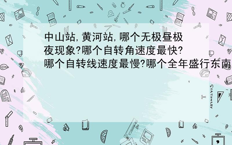 中山站,黄河站,哪个无极昼极夜现象?哪个自转角速度最快?哪个自转线速度最慢?哪个全年盛行东南风?