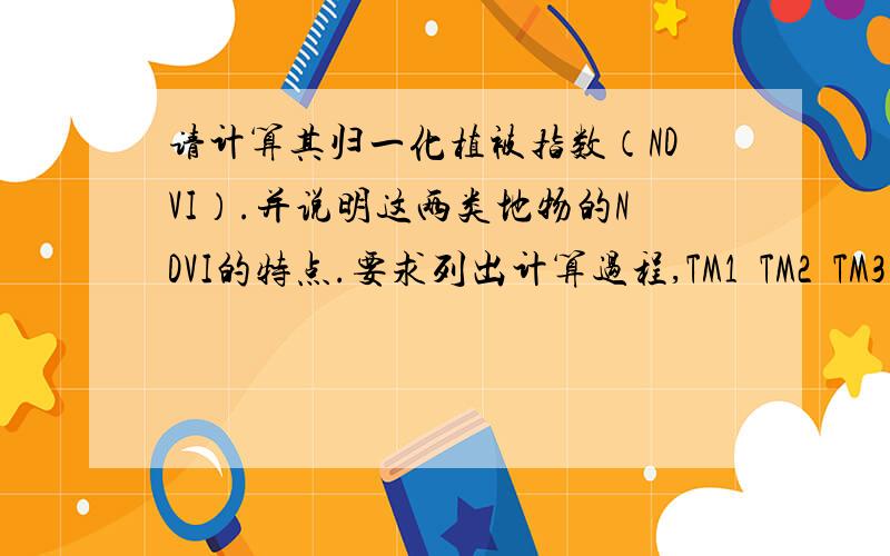 请计算其归一化植被指数（NDVI）.并说明这两类地物的NDVI的特点.要求列出计算过程,TM1TM2TM3TM4TM5TM6TM7NDVI林地803025655213313河流93373618121327