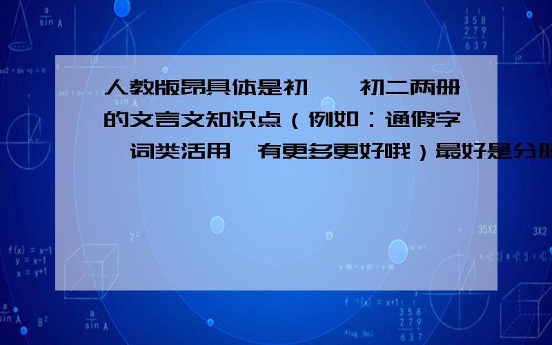 人教版昂具体是初一、初二两册的文言文知识点（例如：通假字,词类活用,有更多更好哦）最好是分册整理的,